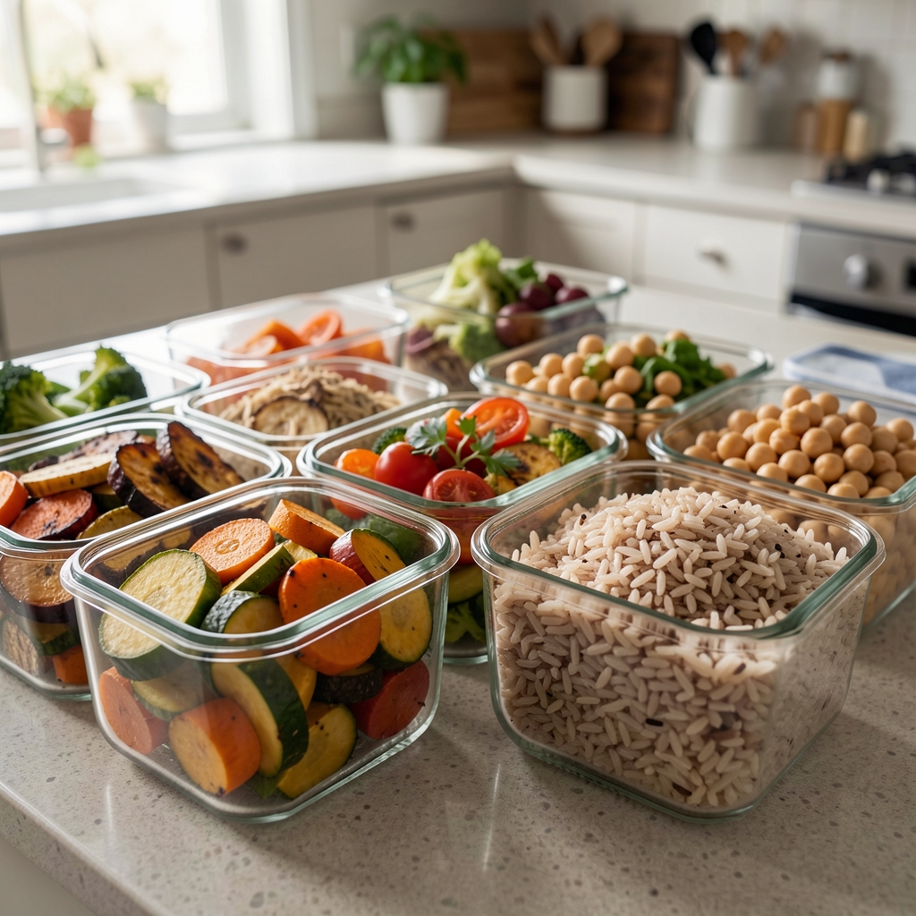 Close-up of a colourful meal prep spread with roasted vegetables, brown rice, and chickpeas in individual glass containers on a kitchen counter