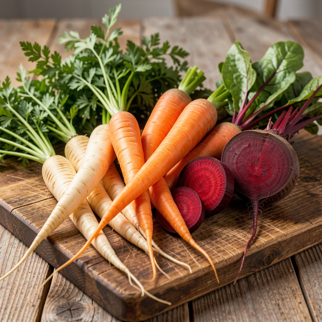 Colourful array of winter root vegetables including parsnips, carrots, and beetroot laid out on a rustic wooden chopping board